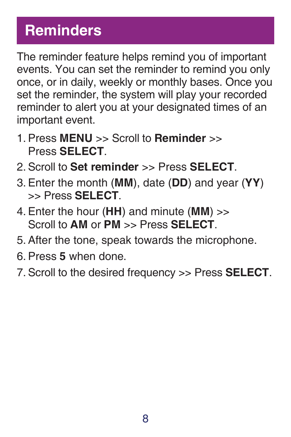 Reminders | VTech SN6127_-2 Quick start User Manual | Page 10 / 12