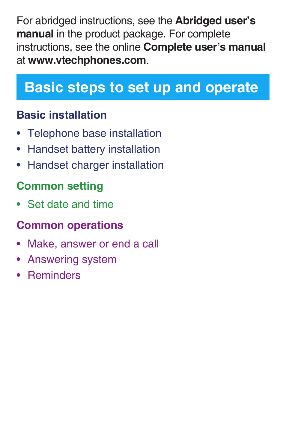 Basic steps to set up and operate | VTech SN6127_-2 Quick start User Manual | Page 2 / 12