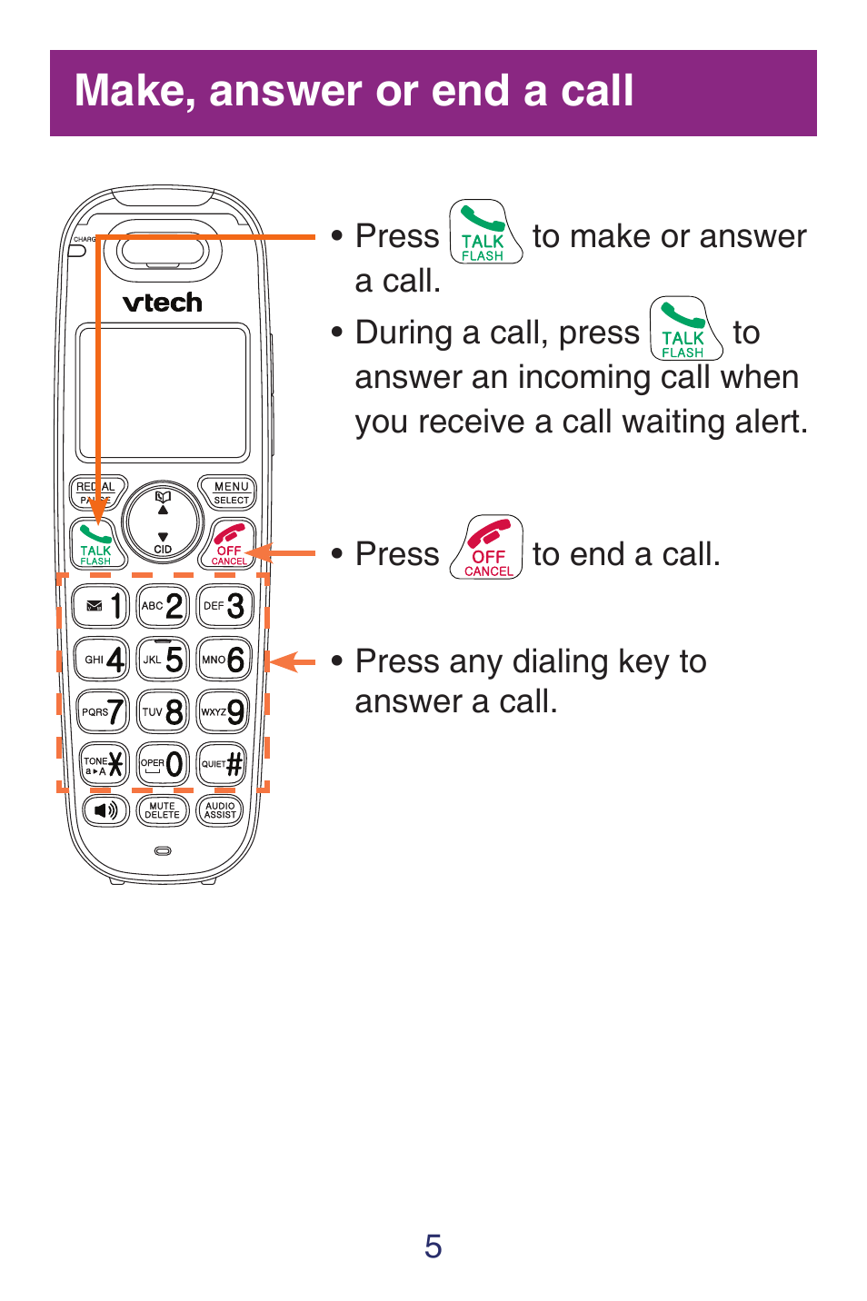 Make, answer or end a call | VTech SN6127_-2 Quick start User Manual | Page 7 / 12