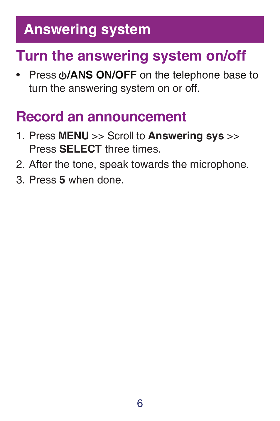 Turn the answering system on/off, Record an announcement, Answering system | VTech SN6127_-2 Quick start User Manual | Page 8 / 12