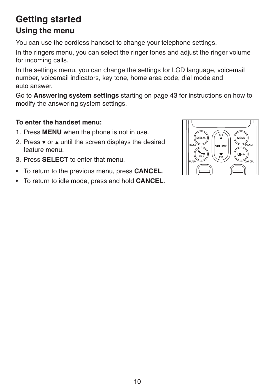 Using the menu, Getting started | VTech LS6195_-13-15-16-17 Manual User Manual | Page 14 / 83