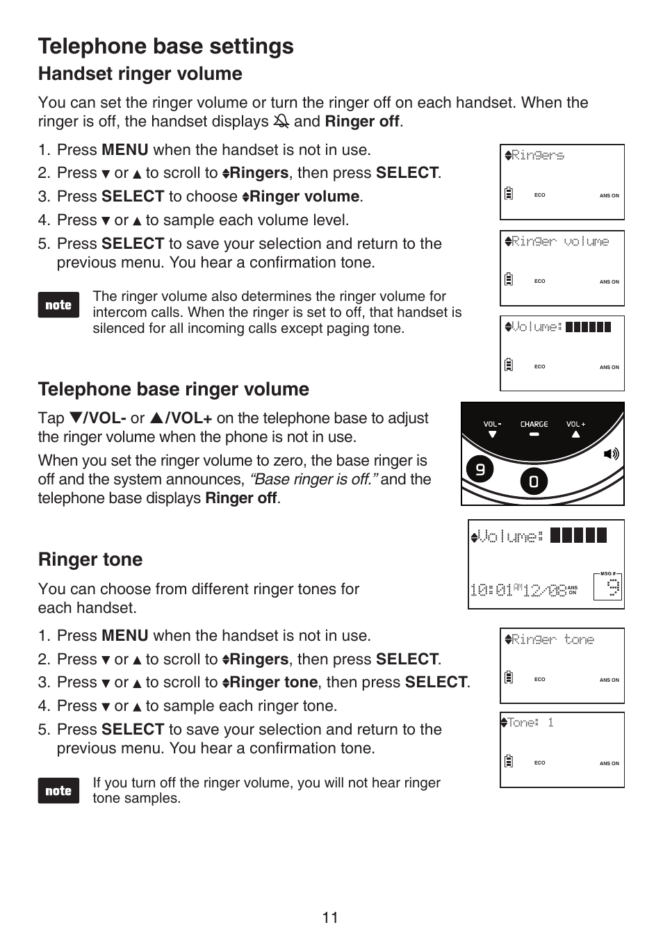 Telephone base settings, Handset ringer volume, Telephone base ringer volume | Ringer tone | VTech LS6195_-13-15-16-17 Manual User Manual | Page 15 / 83