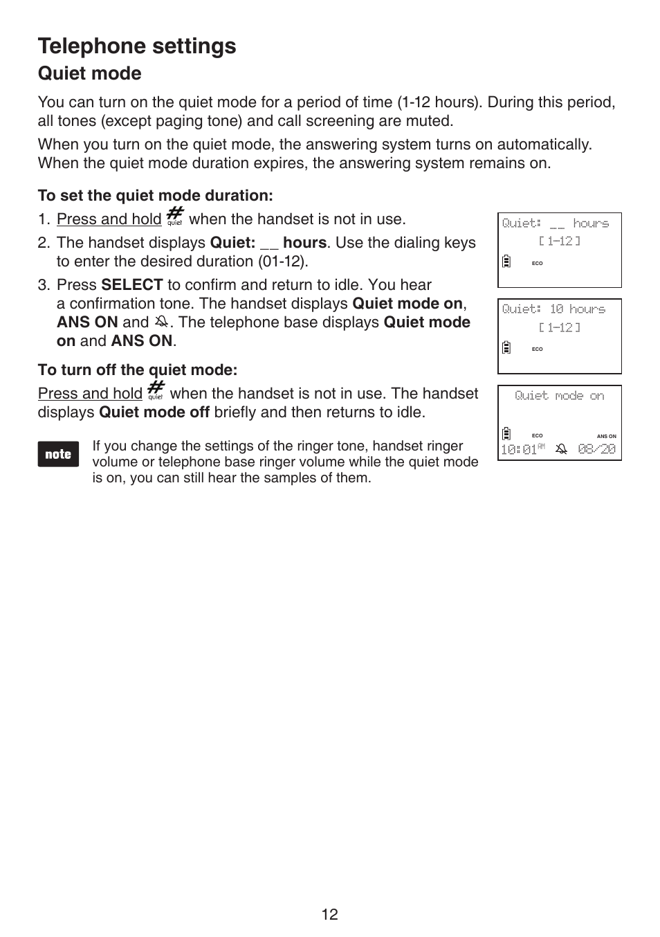 Quiet mode, Telephone settings | VTech LS6195_-13-15-16-17 Manual User Manual | Page 16 / 83
