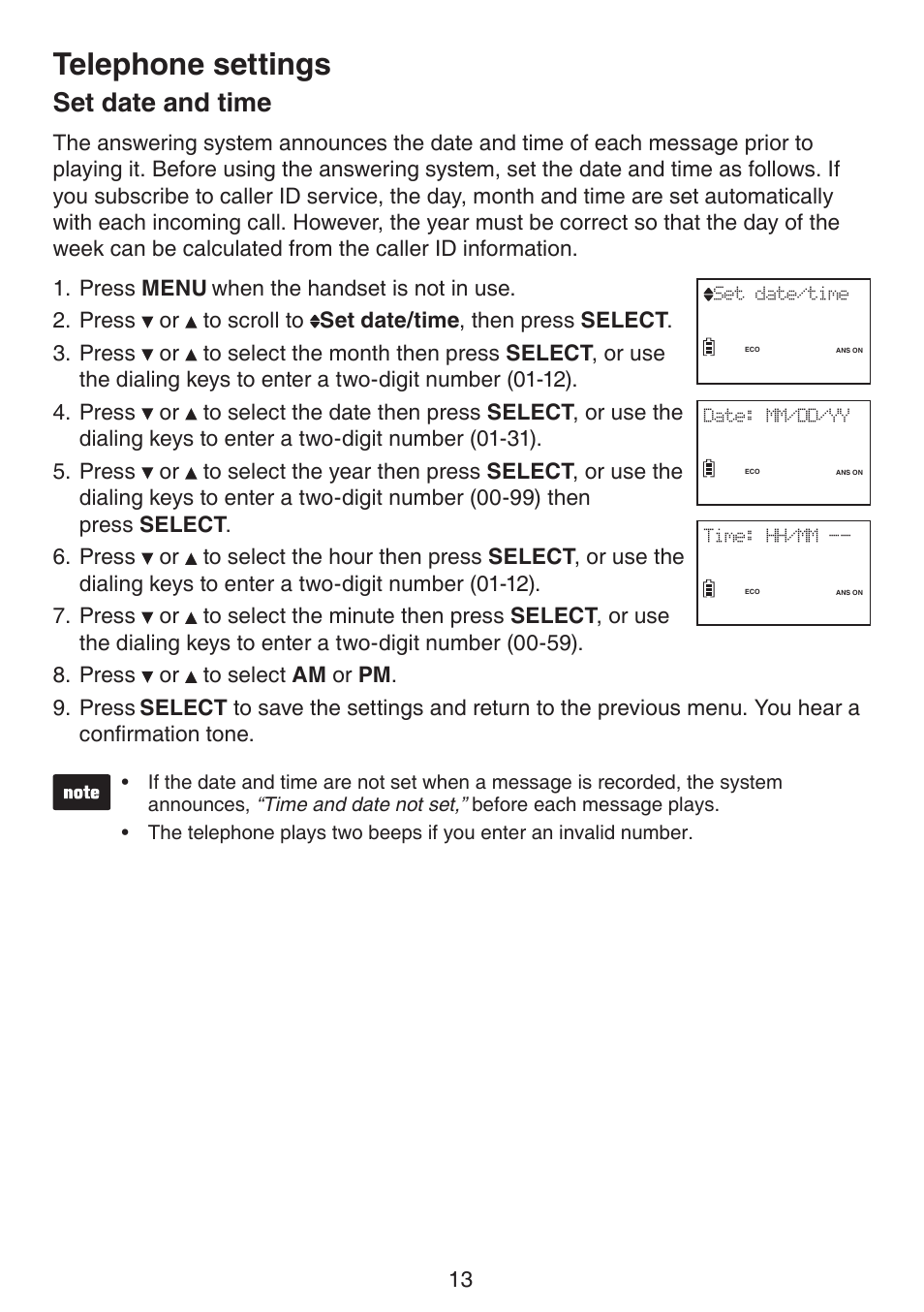 Set date and time, Telephone settings | VTech LS6195_-13-15-16-17 Manual User Manual | Page 17 / 83