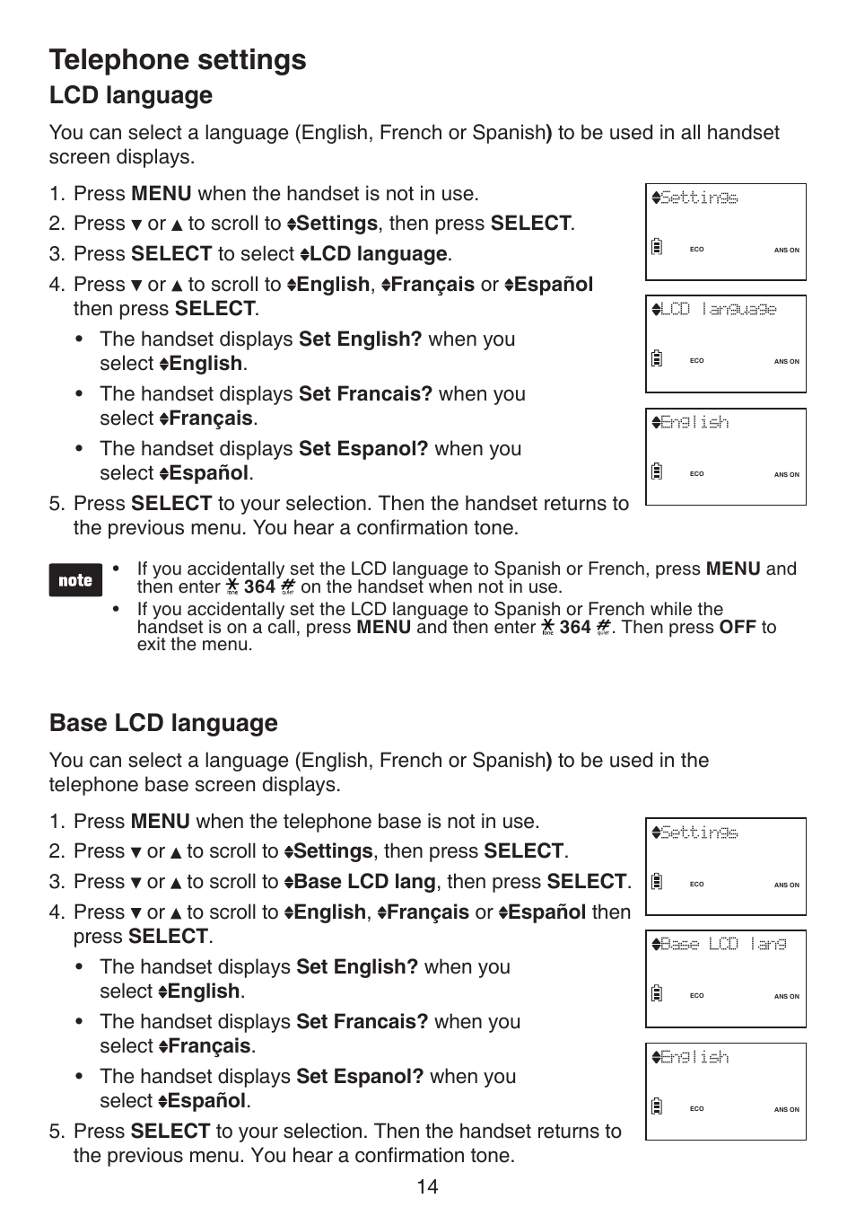 Lcd language base lcd language, Telephone settings, Lcd language | Base lcd language | VTech LS6195_-13-15-16-17 Manual User Manual | Page 18 / 83