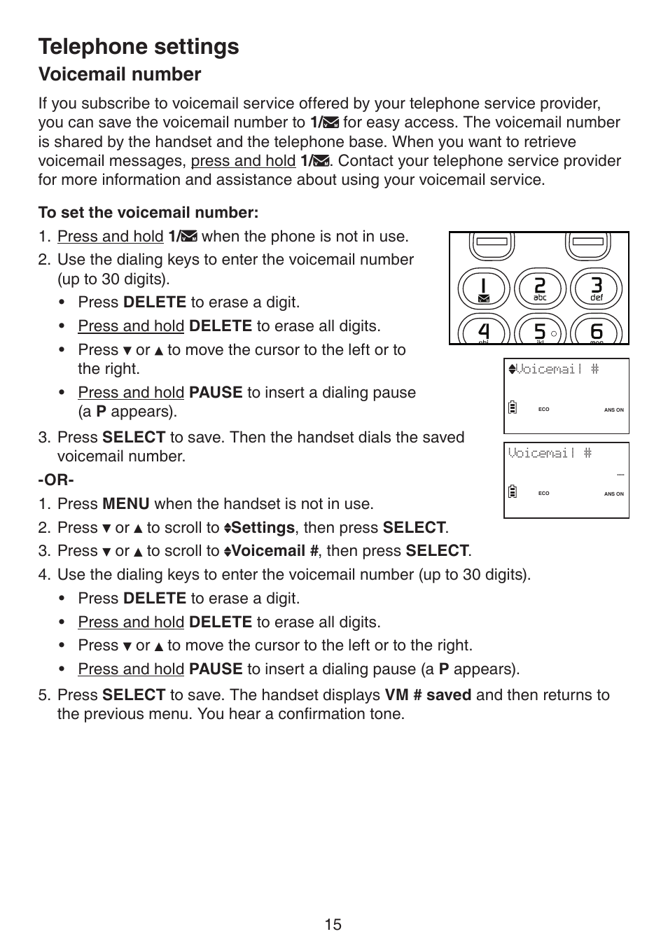 Voicemail number, Telephone settings | VTech LS6195_-13-15-16-17 Manual User Manual | Page 19 / 83