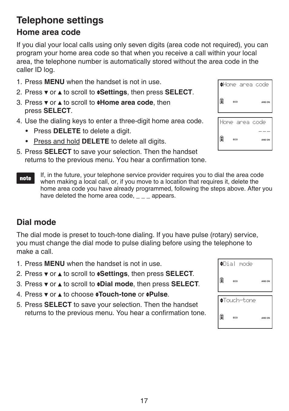 Home area code dial mode, Telephone settings, Home area code | Dial mode | VTech LS6195_-13-15-16-17 Manual User Manual | Page 21 / 83