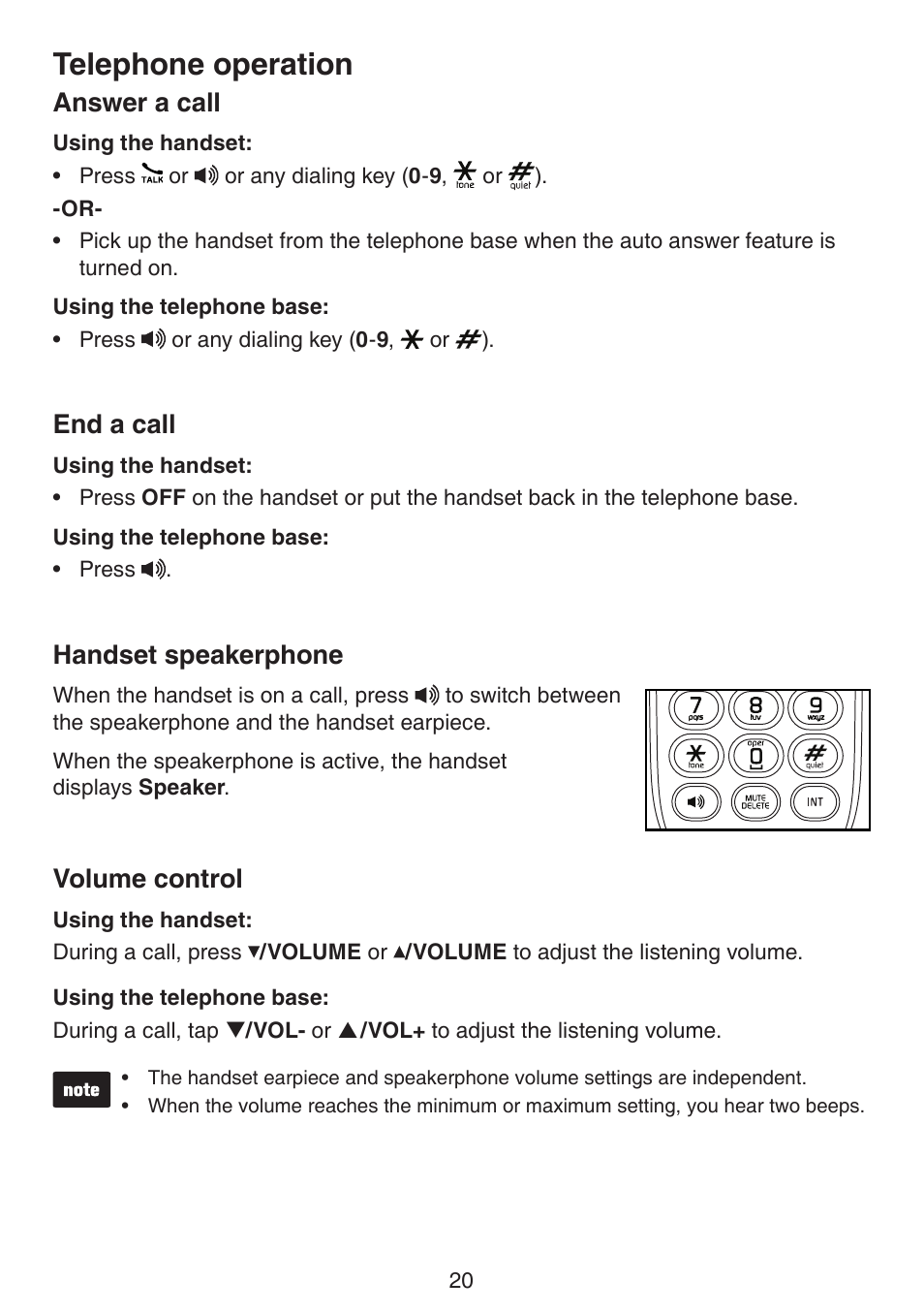 Telephone operation, Answer a call, End a call | Handset speakerphone, Volume control | VTech LS6195_-13-15-16-17 Manual User Manual | Page 24 / 83