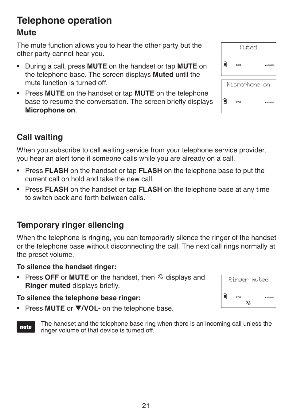 Mute call waiting temporary ringer silencing, Telephone operation, Mute | Call waiting, Temporary ringer silencing | VTech LS6195_-13-15-16-17 Manual User Manual | Page 25 / 83