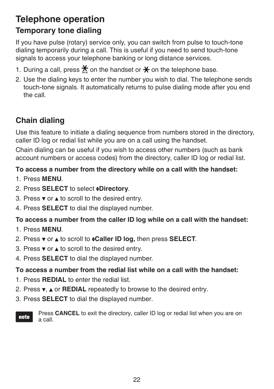Temporary tone dialing chain dialing, Telephone operation, Temporary tone dialing | Chain dialing | VTech LS6195_-13-15-16-17 Manual User Manual | Page 26 / 83