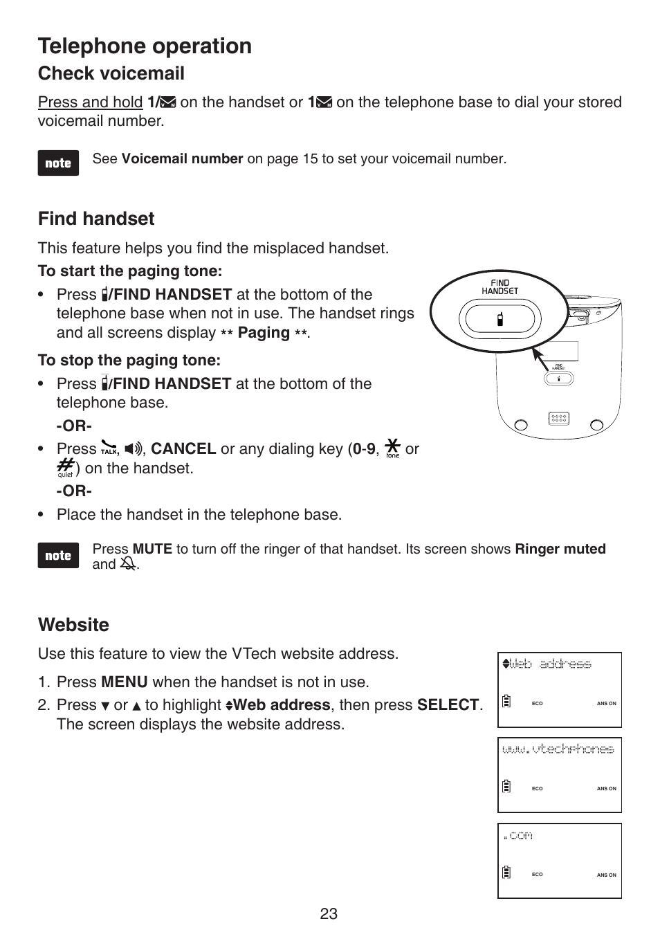 Check voicemail find handset website, Telephone operation, Check voicemail | Find handset, Website | VTech LS6195_-13-15-16-17 Manual User Manual | Page 27 / 83