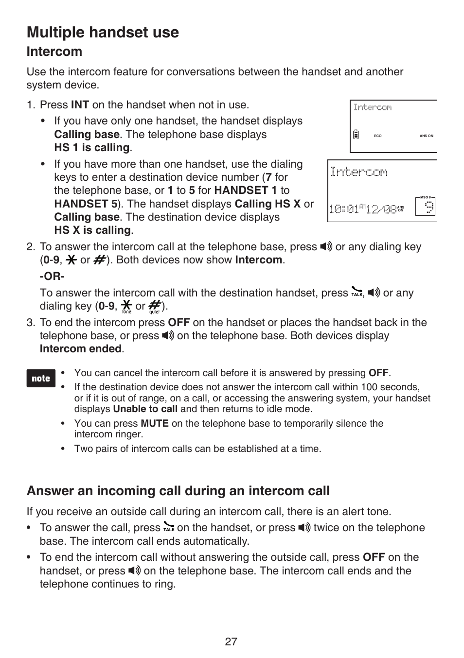 Intercom answer an incoming call during an, Intercom call, Multiple handset use | Intercom, Answer an incoming call during an intercom call | VTech LS6195_-13-15-16-17 Manual User Manual | Page 31 / 83