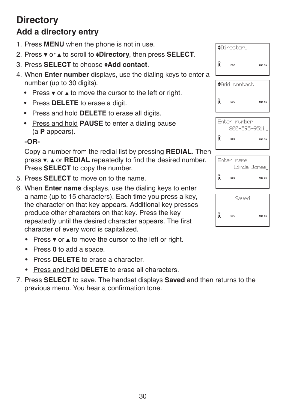 Add a directory entry, Directory | VTech LS6195_-13-15-16-17 Manual User Manual | Page 34 / 83