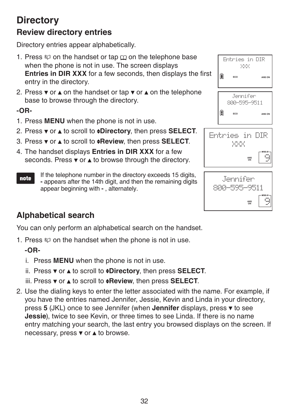 Review directory entries alphabetical search, Directory, Review directory entries | Alphabetical search | VTech LS6195_-13-15-16-17 Manual User Manual | Page 36 / 83