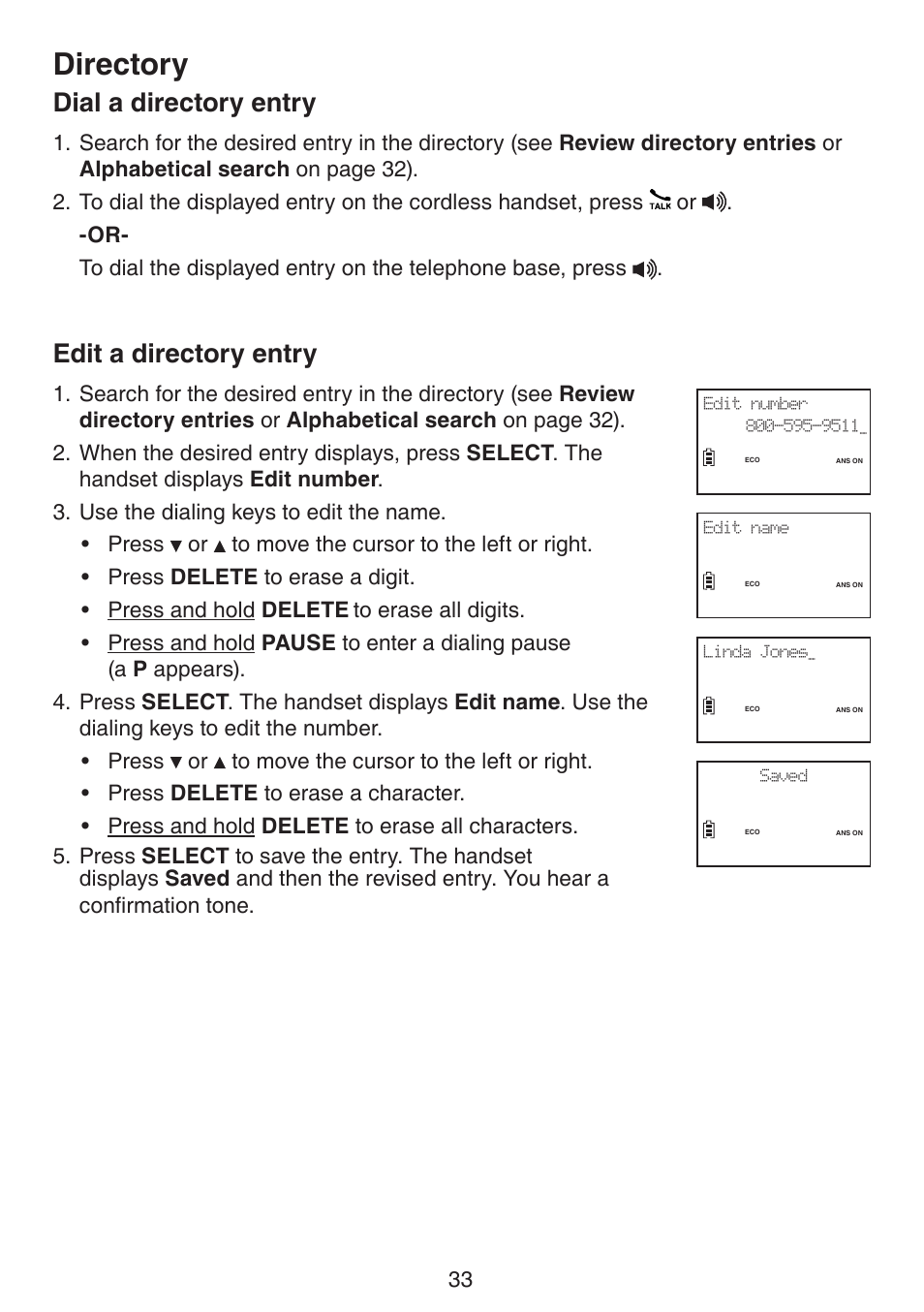 Dial a directory entry edit a directory entry, Directory, Dial a directory entry | Edit a directory entry | VTech LS6195_-13-15-16-17 Manual User Manual | Page 37 / 83