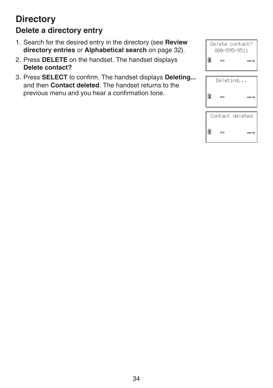 Delete a directory entry, Directory | VTech LS6195_-13-15-16-17 Manual User Manual | Page 38 / 83