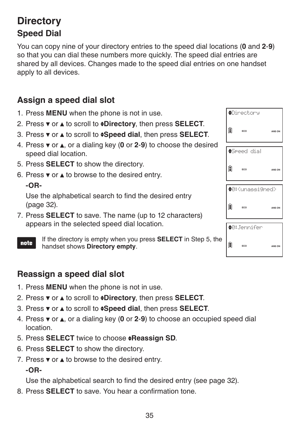 Directory, Speed dial, Assign a speed dial slot | Reassign a speed dial slot | VTech LS6195_-13-15-16-17 Manual User Manual | Page 39 / 83