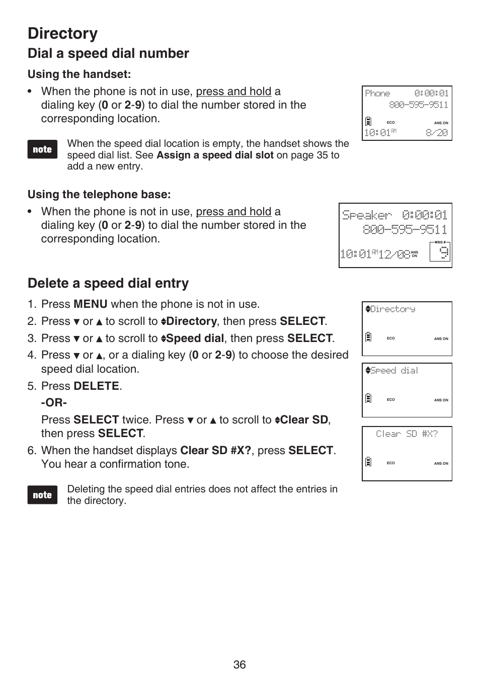 Dial a speed dial number delete a speed dial entry, Directory, Dial a speed dial number | Delete a speed dial entry | VTech LS6195_-13-15-16-17 Manual User Manual | Page 40 / 83