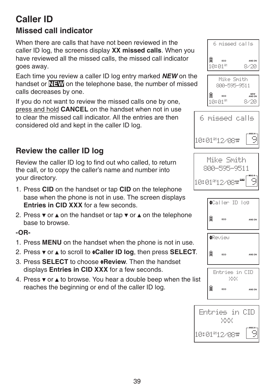 Missed call indicator review the caller id log, Caller id, Missed call indicator | Review the caller id log | VTech LS6195_-13-15-16-17 Manual User Manual | Page 43 / 83