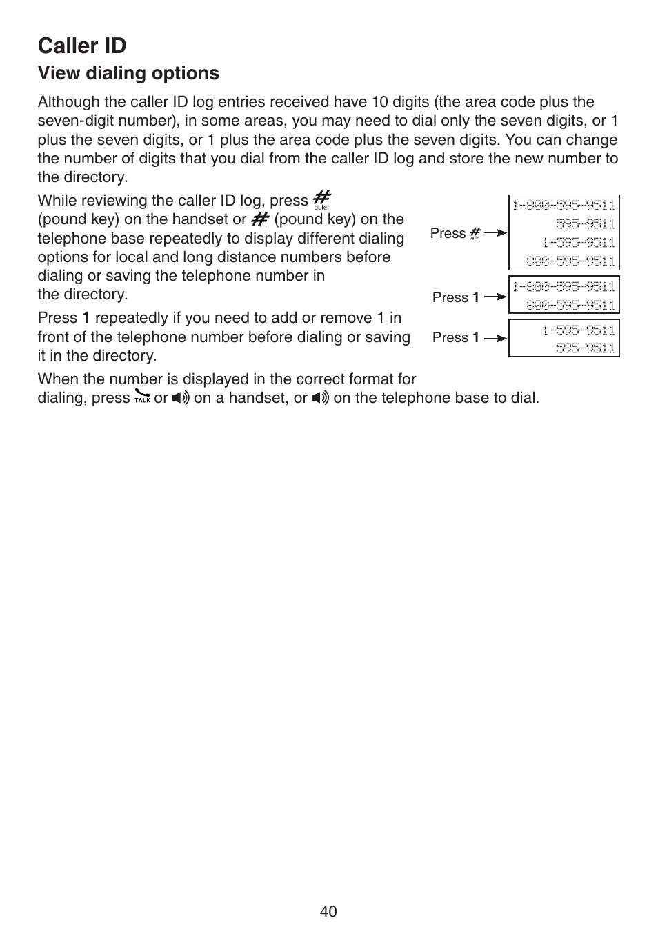 View dialing options, Caller id | VTech LS6195_-13-15-16-17 Manual User Manual | Page 44 / 83