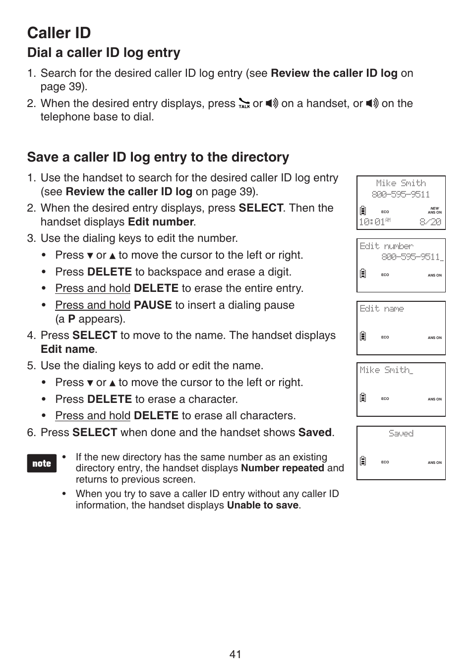 Directory, Caller id, Dial a caller id log entry | Save a caller id log entry to the directory | VTech LS6195_-13-15-16-17 Manual User Manual | Page 45 / 83