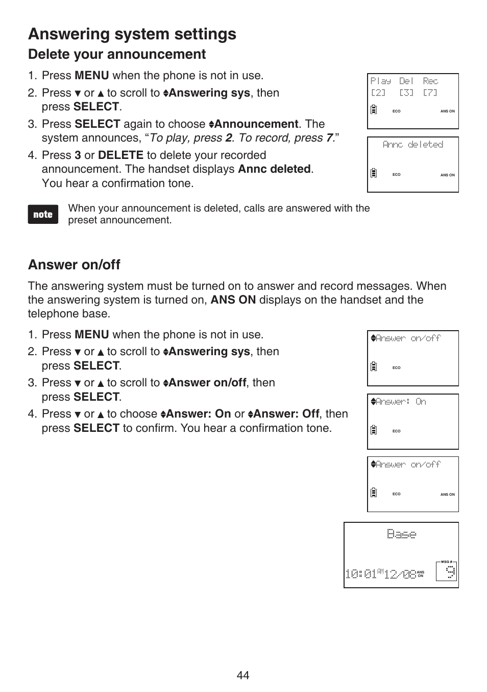 Delete your announcement answer on/off, Answering system settings, Delete your announcement | Answer on/off | VTech LS6195_-13-15-16-17 Manual User Manual | Page 48 / 83