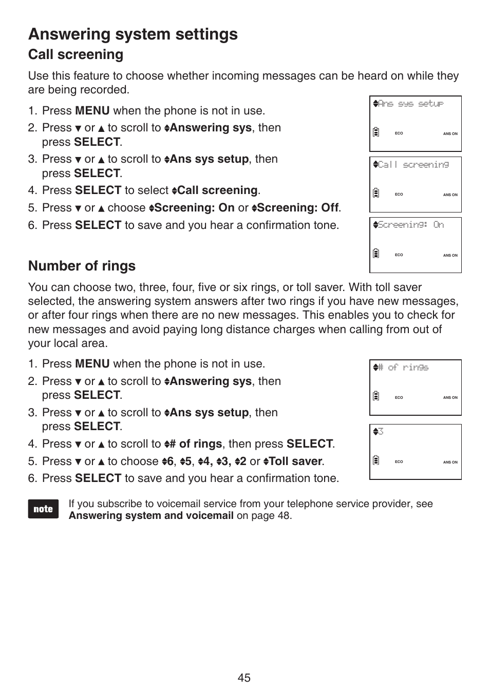 Call screening number of rings, Answering system settings, Call screening | Number of rings | VTech LS6195_-13-15-16-17 Manual User Manual | Page 49 / 83