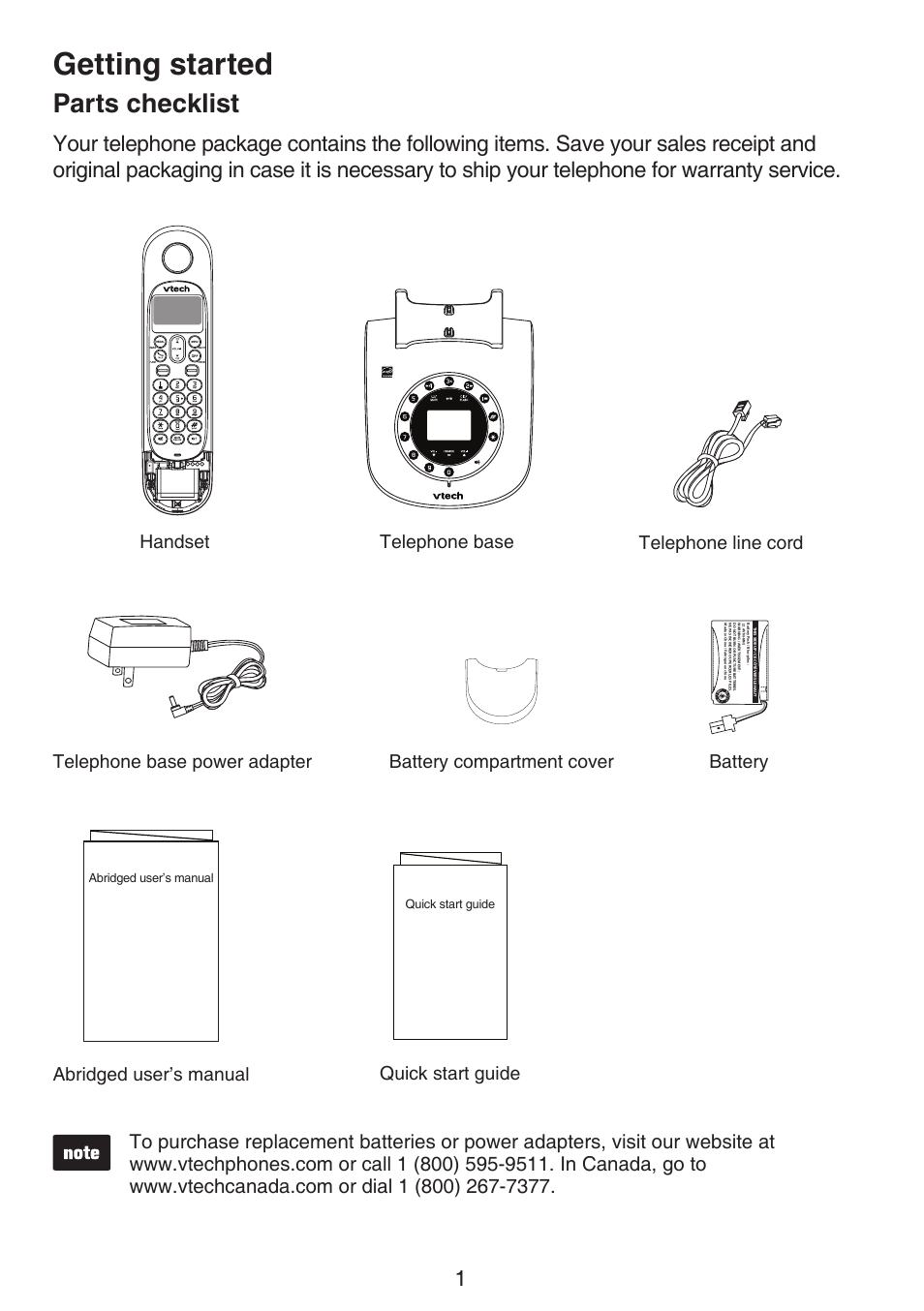 Getting started, Parts checklist, Battery | Abridged user’s manual quick start guide | VTech LS6195_-13-15-16-17 Manual User Manual | Page 5 / 83