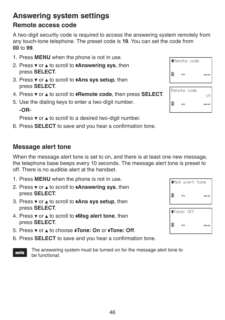 Remote access code, Message alert tone, Answering system settings | VTech LS6195_-13-15-16-17 Manual User Manual | Page 50 / 83