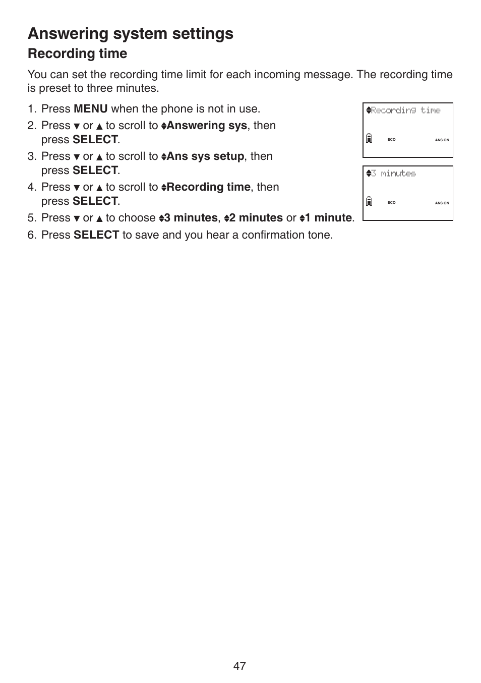 Recording time, Answering system settings | VTech LS6195_-13-15-16-17 Manual User Manual | Page 51 / 83