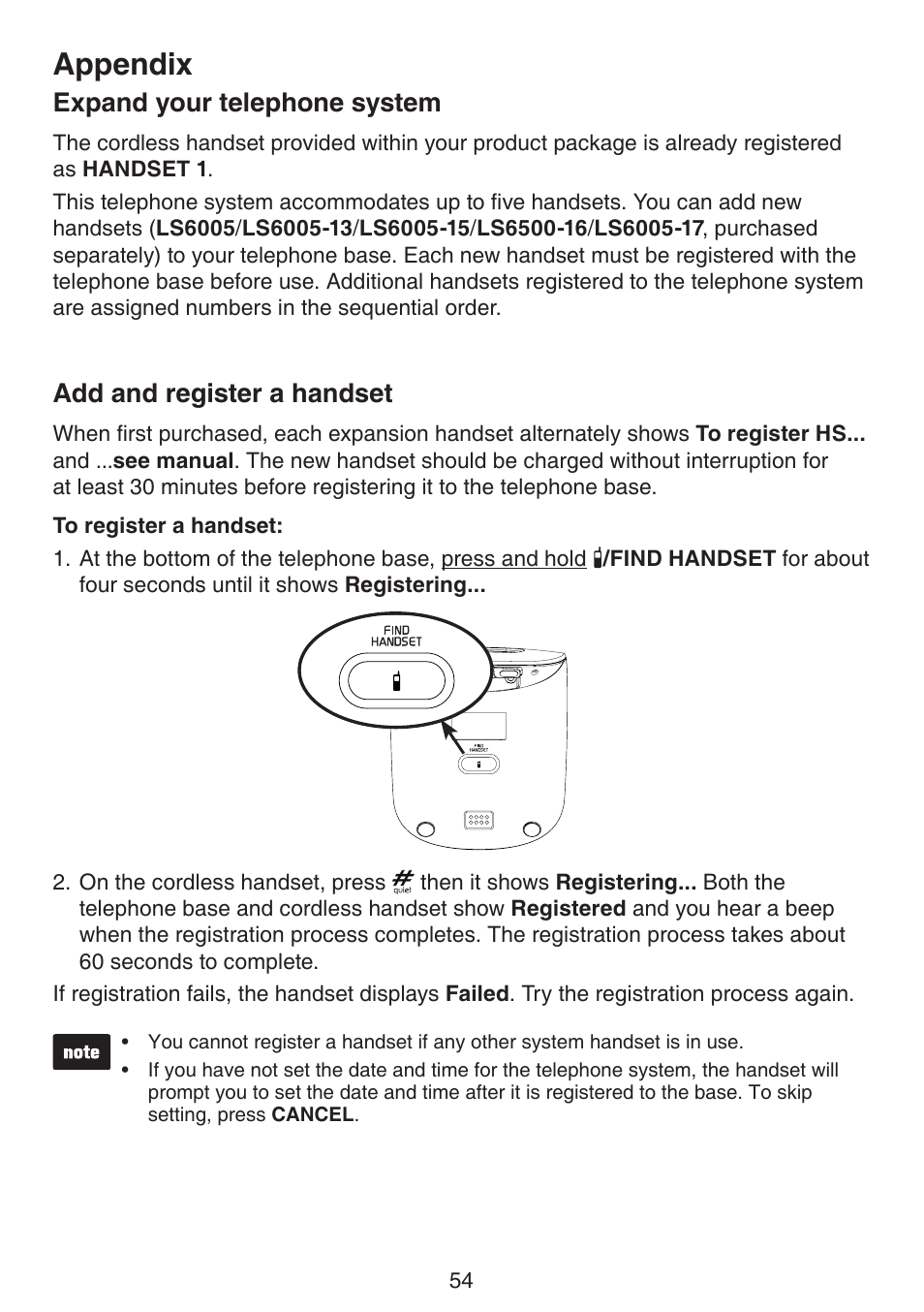 Appendix, Expand your telephone system, Add and register a handset | VTech LS6195_-13-15-16-17 Manual User Manual | Page 58 / 83