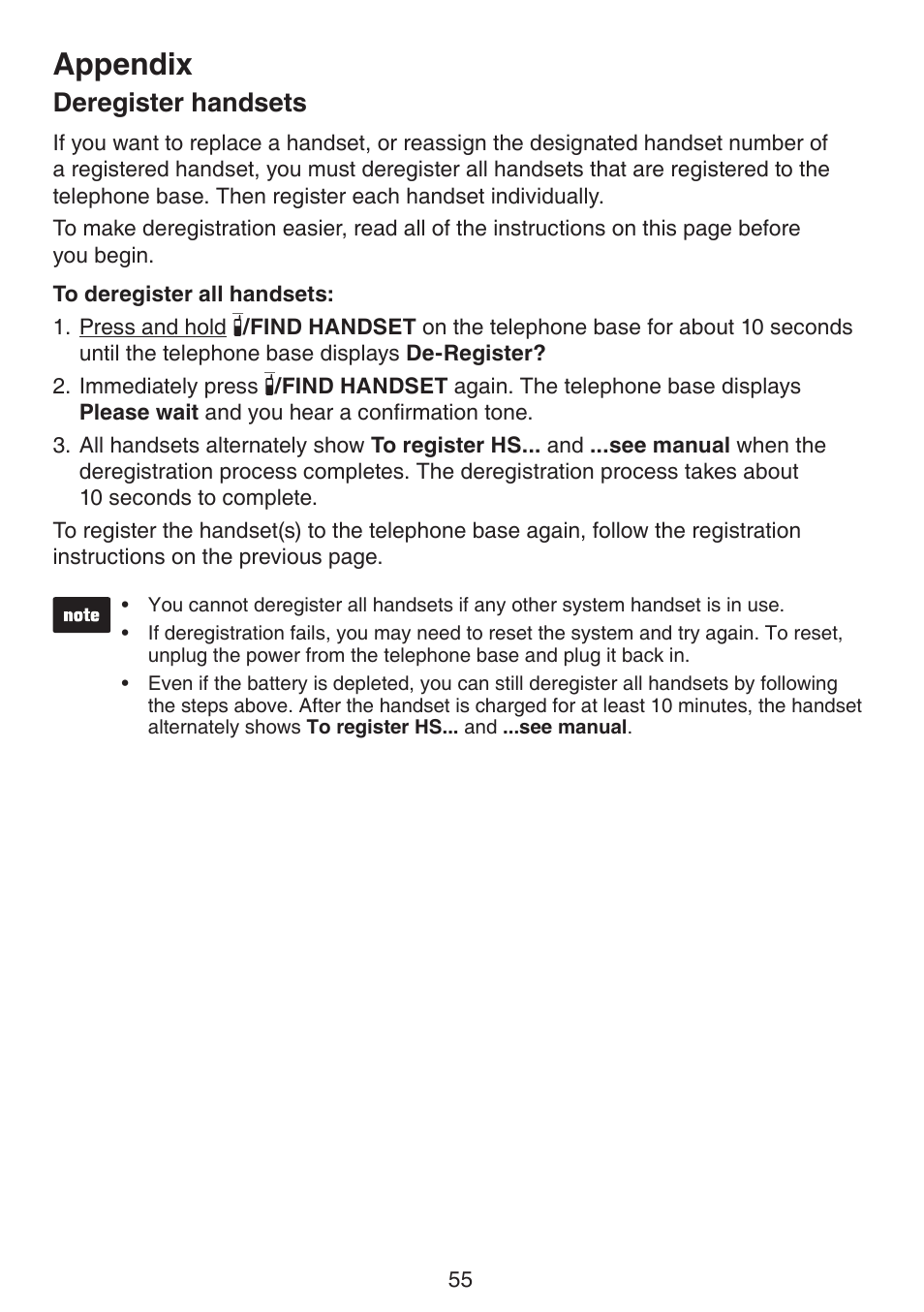 Deregister handsets, Appendix | VTech LS6195_-13-15-16-17 Manual User Manual | Page 59 / 83