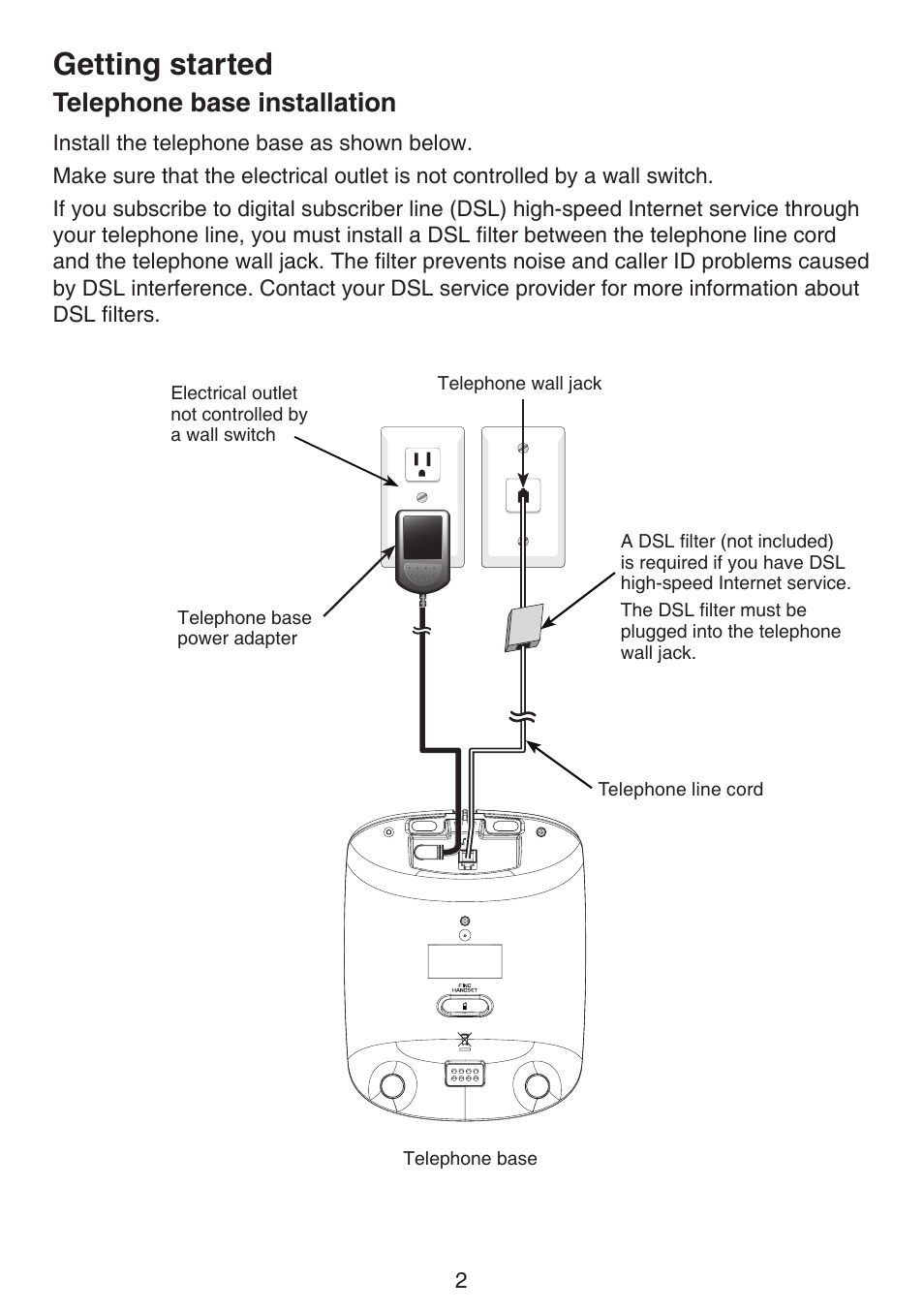 Telephone base installation, Getting started | VTech LS6195_-13-15-16-17 Manual User Manual | Page 6 / 83