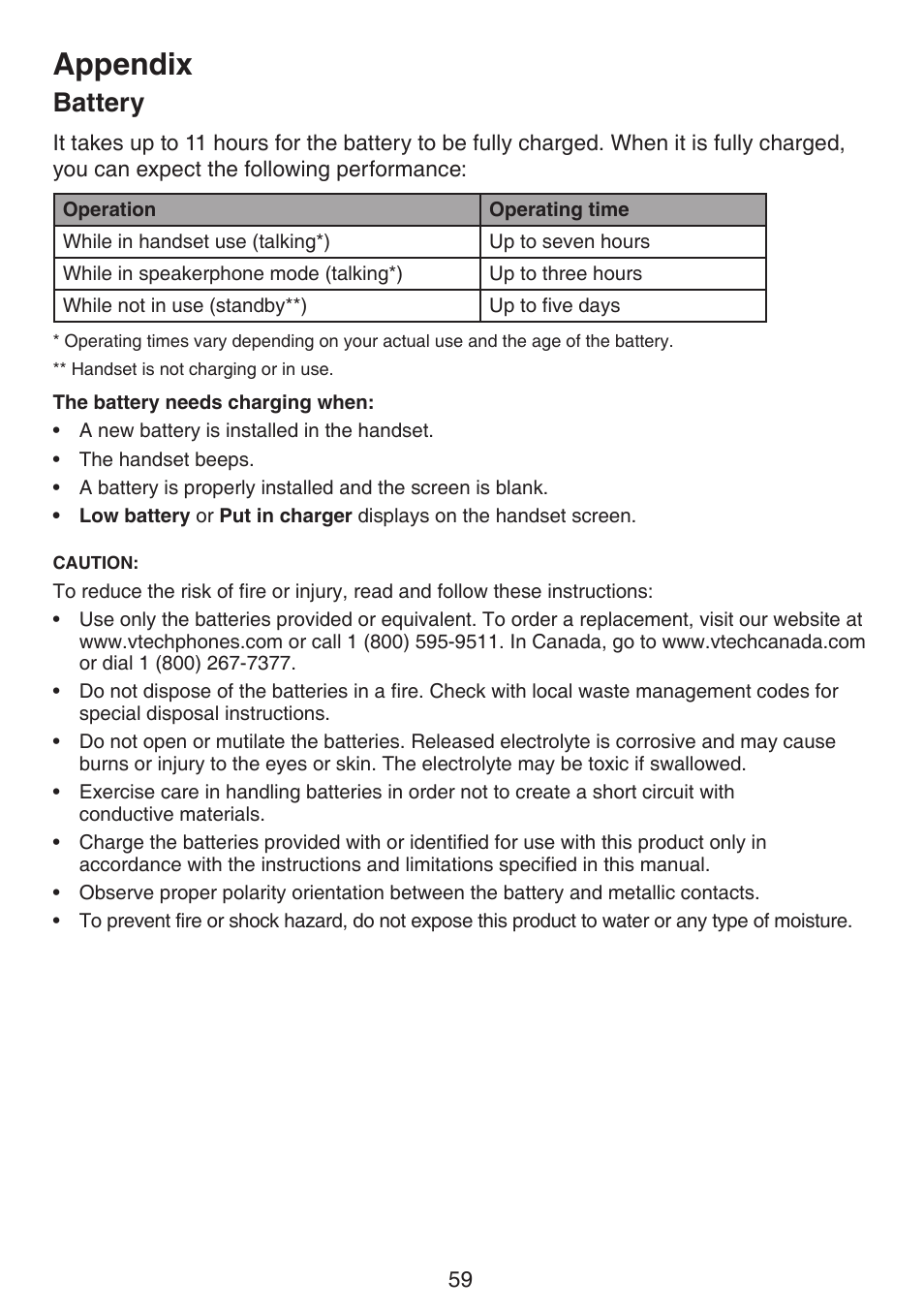 Battery, Appendix | VTech LS6195_-13-15-16-17 Manual User Manual | Page 63 / 83