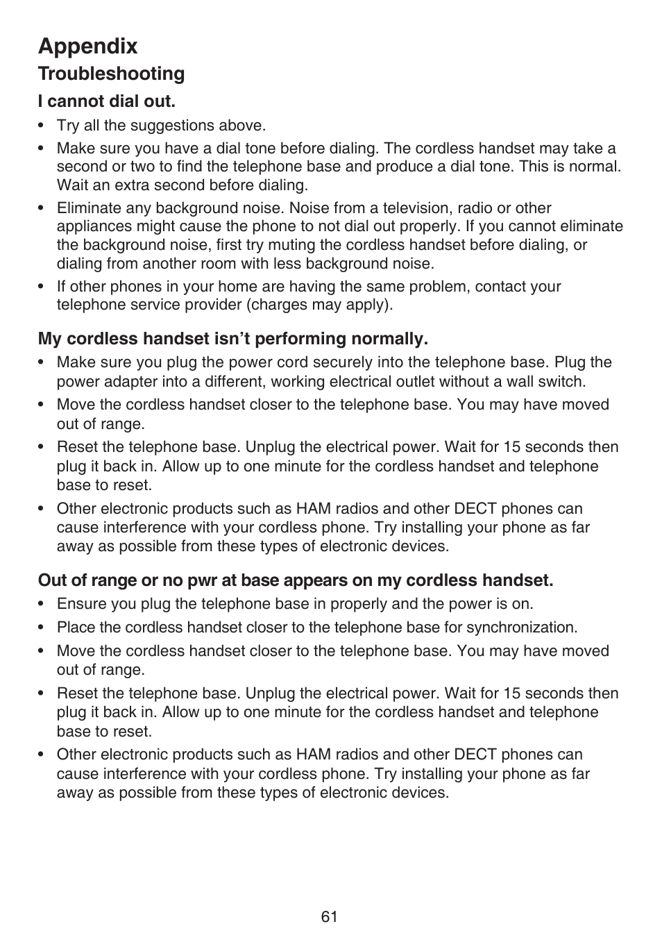 Appendix, Troubleshooting | VTech LS6195_-13-15-16-17 Manual User Manual | Page 65 / 83