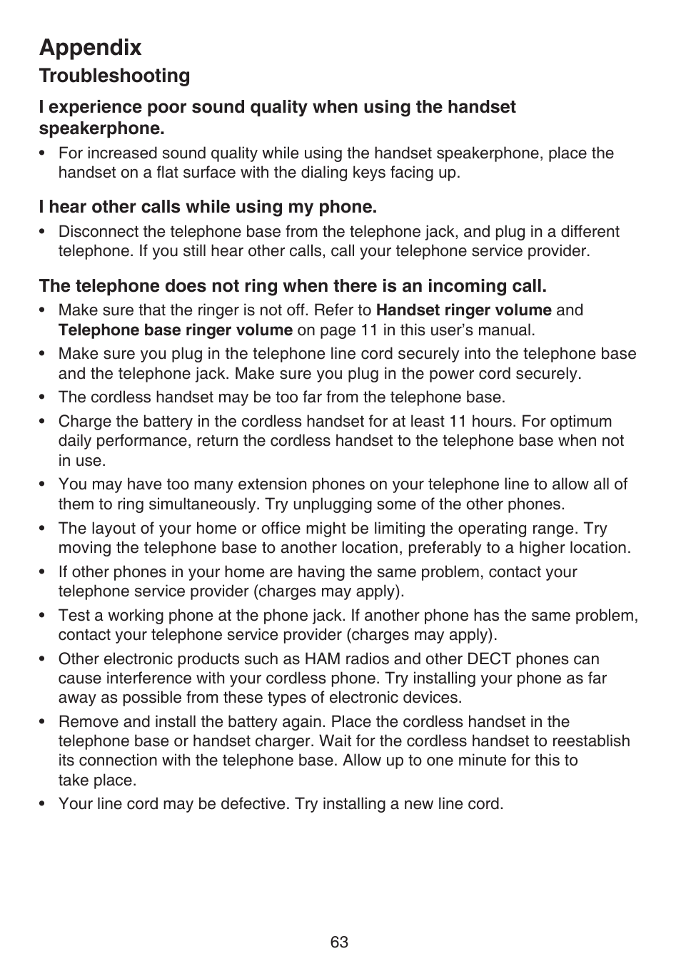 Appendix, Troubleshooting | VTech LS6195_-13-15-16-17 Manual User Manual | Page 67 / 83