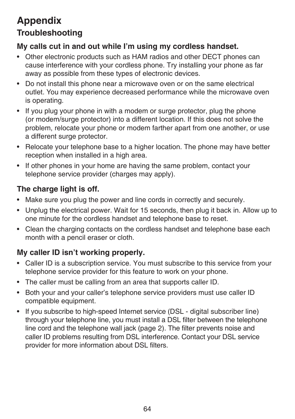 Appendix, Troubleshooting | VTech LS6195_-13-15-16-17 Manual User Manual | Page 68 / 83
