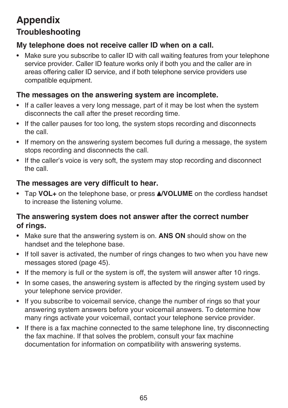 Appendix, Troubleshooting | VTech LS6195_-13-15-16-17 Manual User Manual | Page 69 / 83