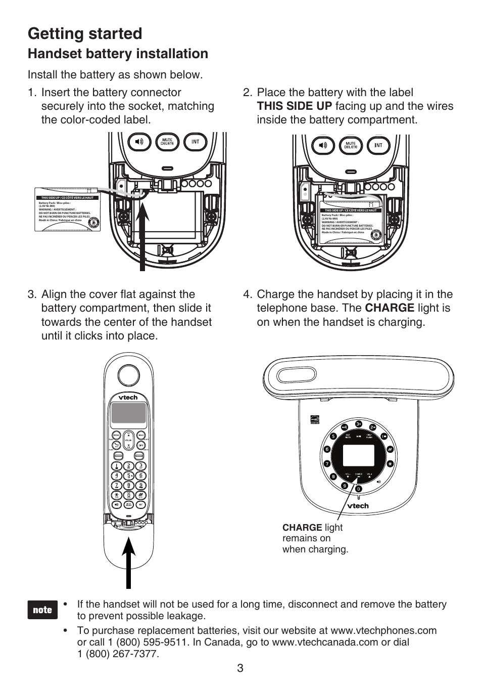 Handset battery installation, Getting started | VTech LS6195_-13-15-16-17 Manual User Manual | Page 7 / 83