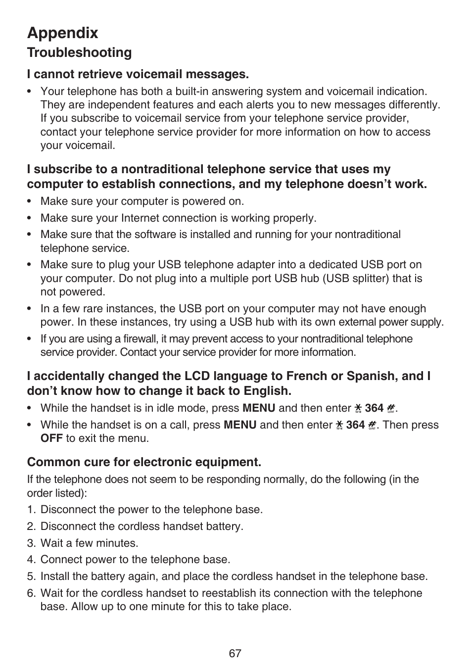 Appendix, Troubleshooting | VTech LS6195_-13-15-16-17 Manual User Manual | Page 71 / 83