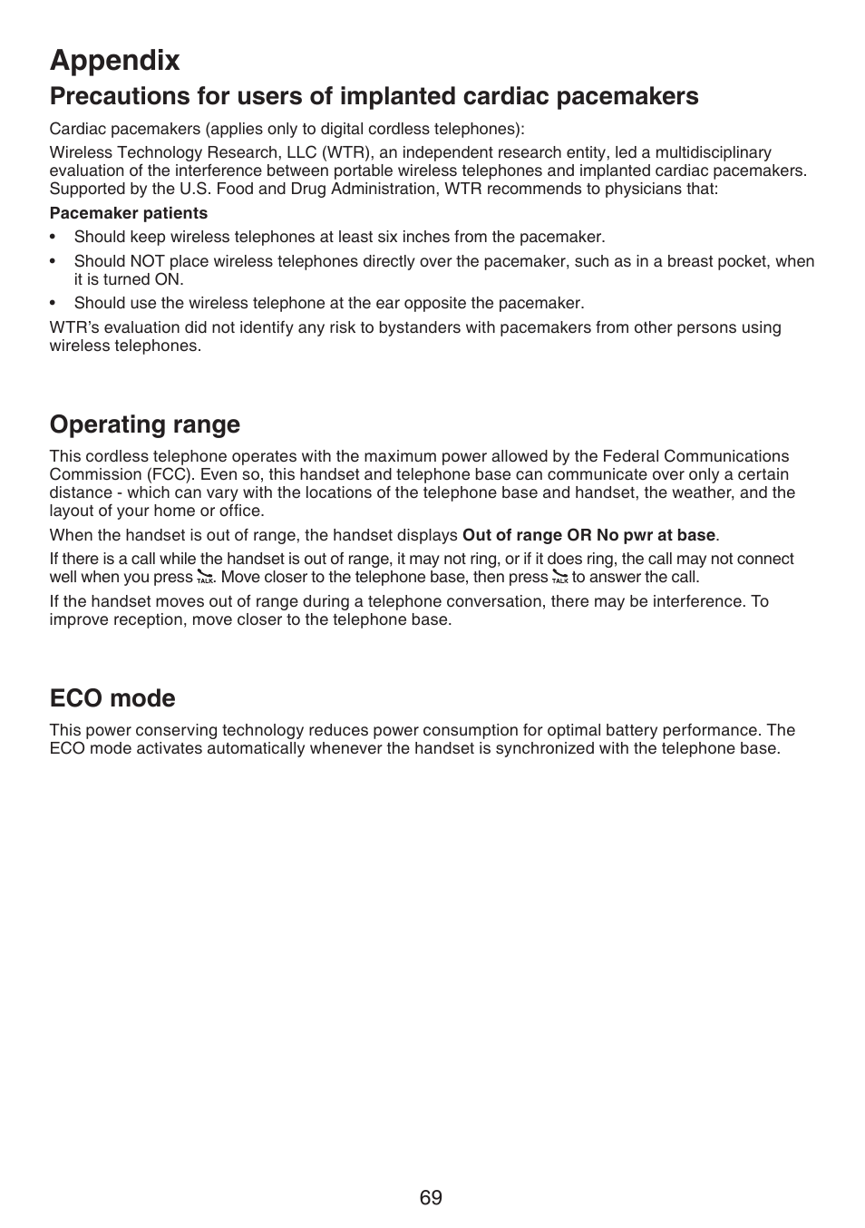 Precautions for users of implanted, Cardiac pacemakers, Operating range eco mode | Appendix, Operating range, Eco mode | VTech LS6195_-13-15-16-17 Manual User Manual | Page 73 / 83