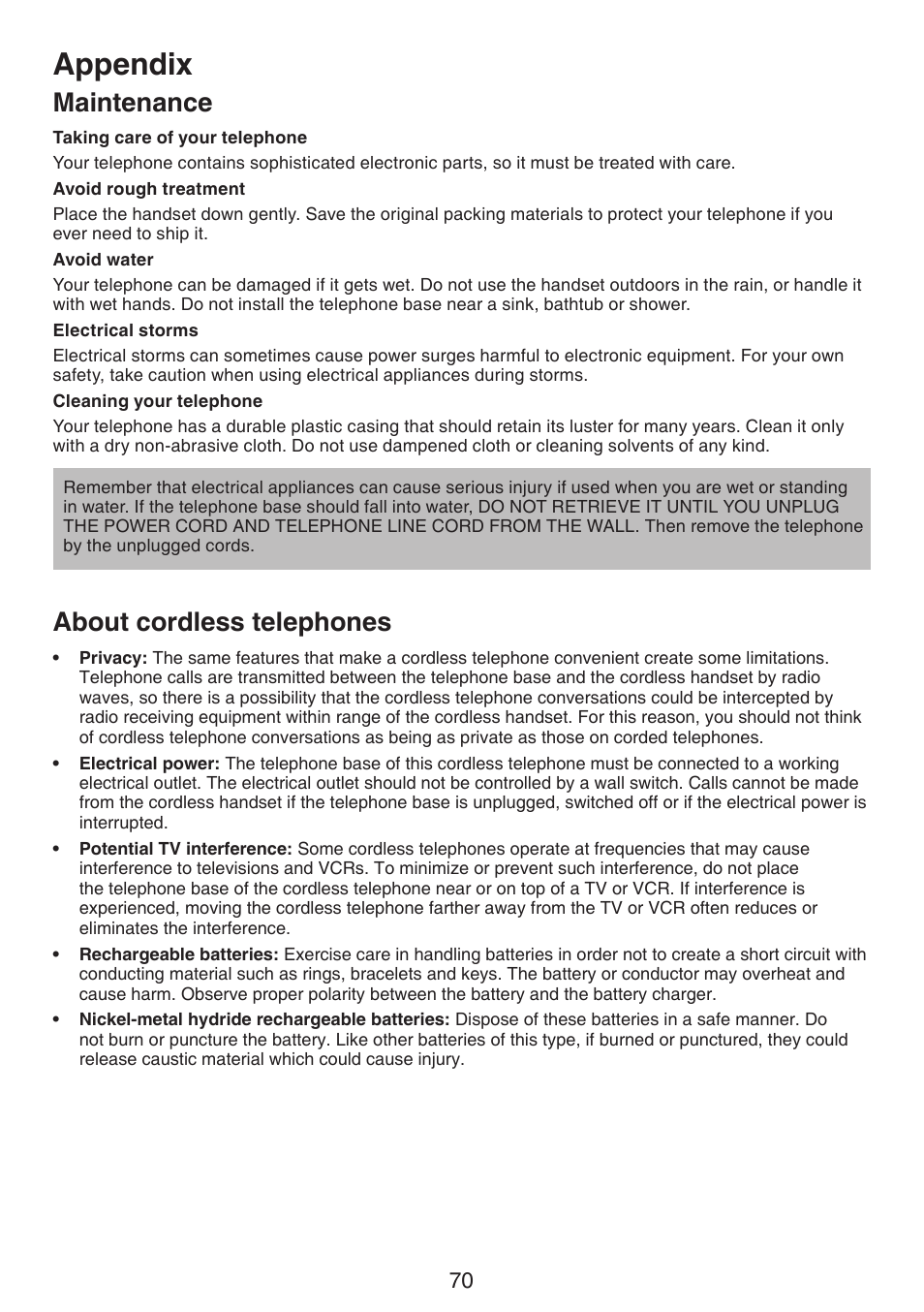 Maintenance about cordless telephones, Appendix, Maintenance | About cordless telephones | VTech LS6195_-13-15-16-17 Manual User Manual | Page 74 / 83