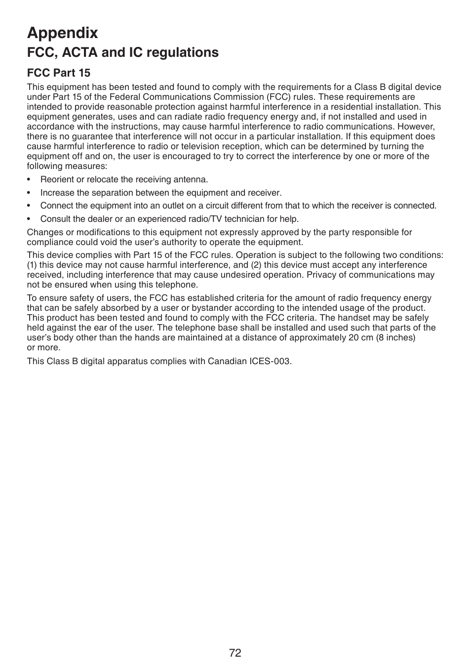 Fcc, acta and ic regulations, Appendix | VTech LS6195_-13-15-16-17 Manual User Manual | Page 76 / 83