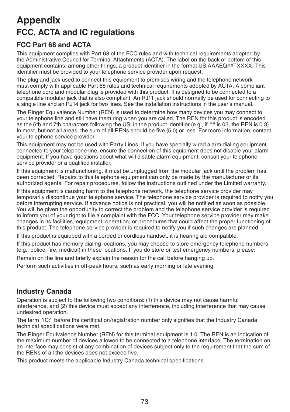 Appendix, Fcc, acta and ic regulations | VTech LS6195_-13-15-16-17 Manual User Manual | Page 77 / 83