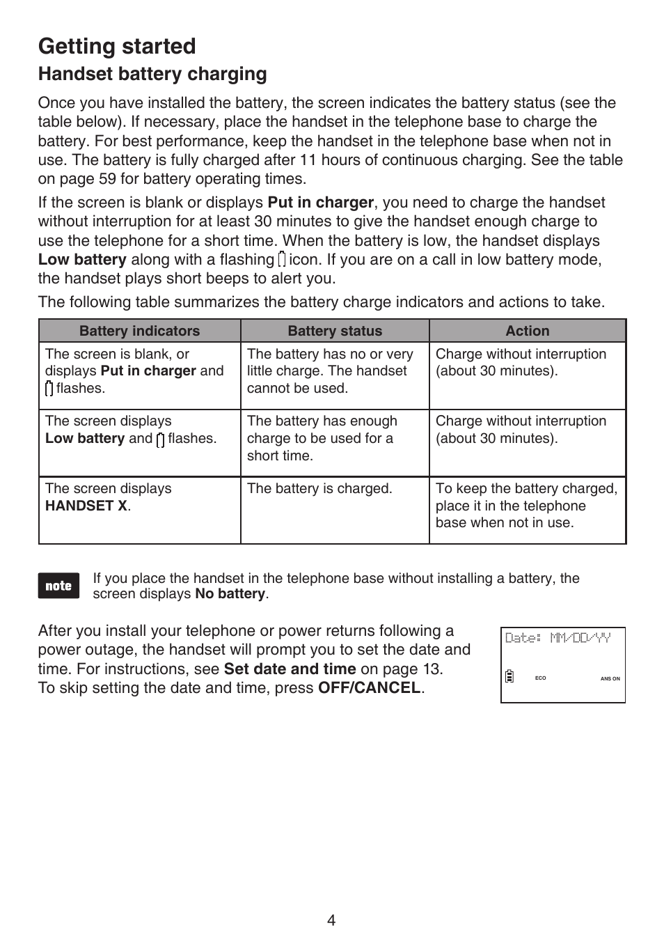 Handset battery charging, Getting started | VTech LS6195_-13-15-16-17 Manual User Manual | Page 8 / 83