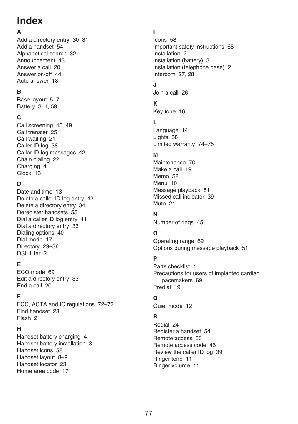 Index | VTech LS6195_-13-15-16-17 Manual User Manual | Page 81 / 83
