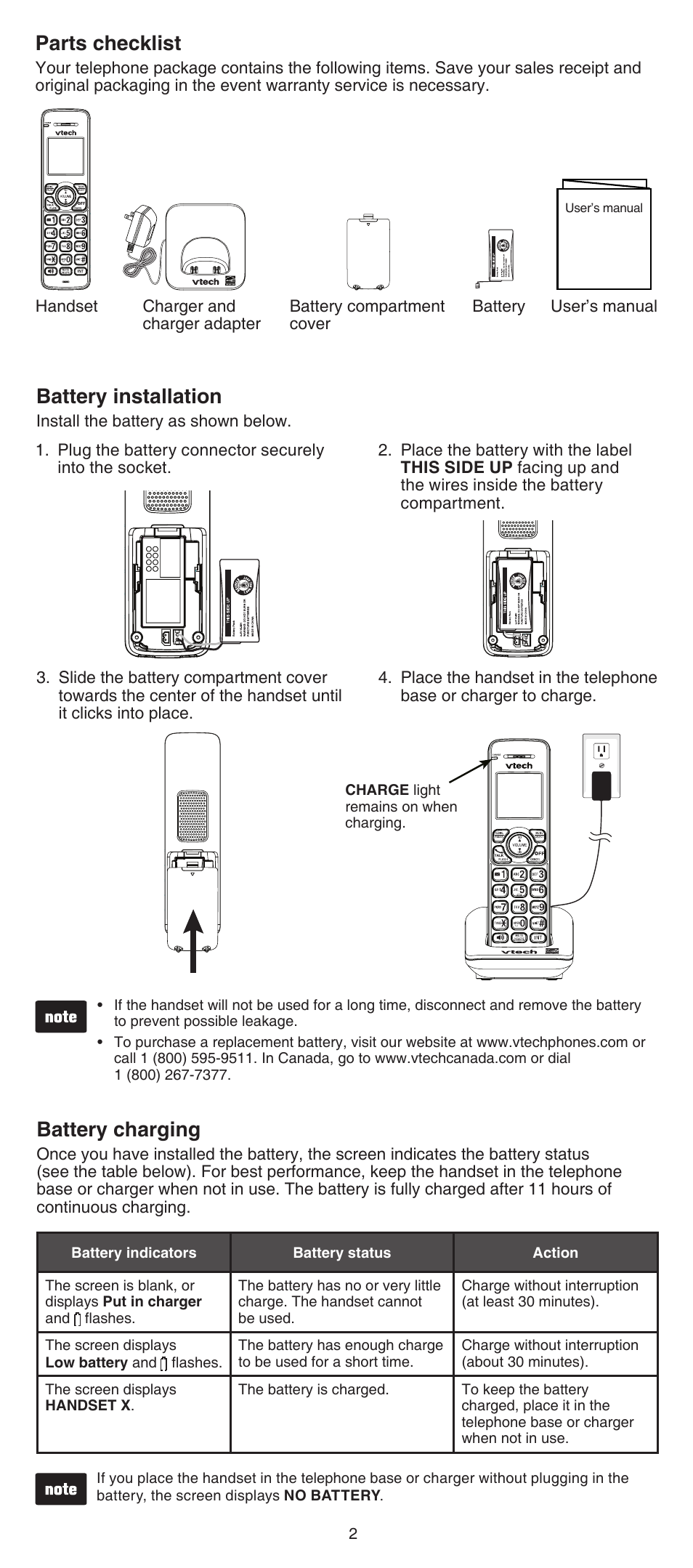 Battery installation, Battery charging, Parts checklist | VTech CS6609 Manual User Manual | Page 2 / 8