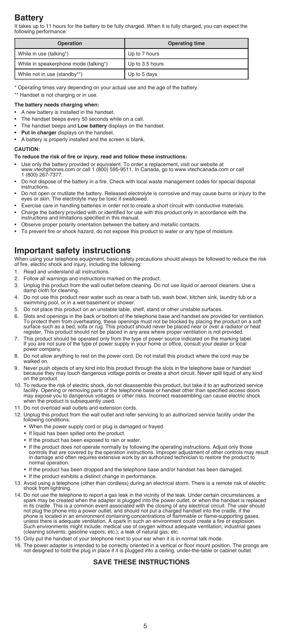 Battery, Important safety instructions, Save these instructions | VTech CS6609 Manual User Manual | Page 5 / 8