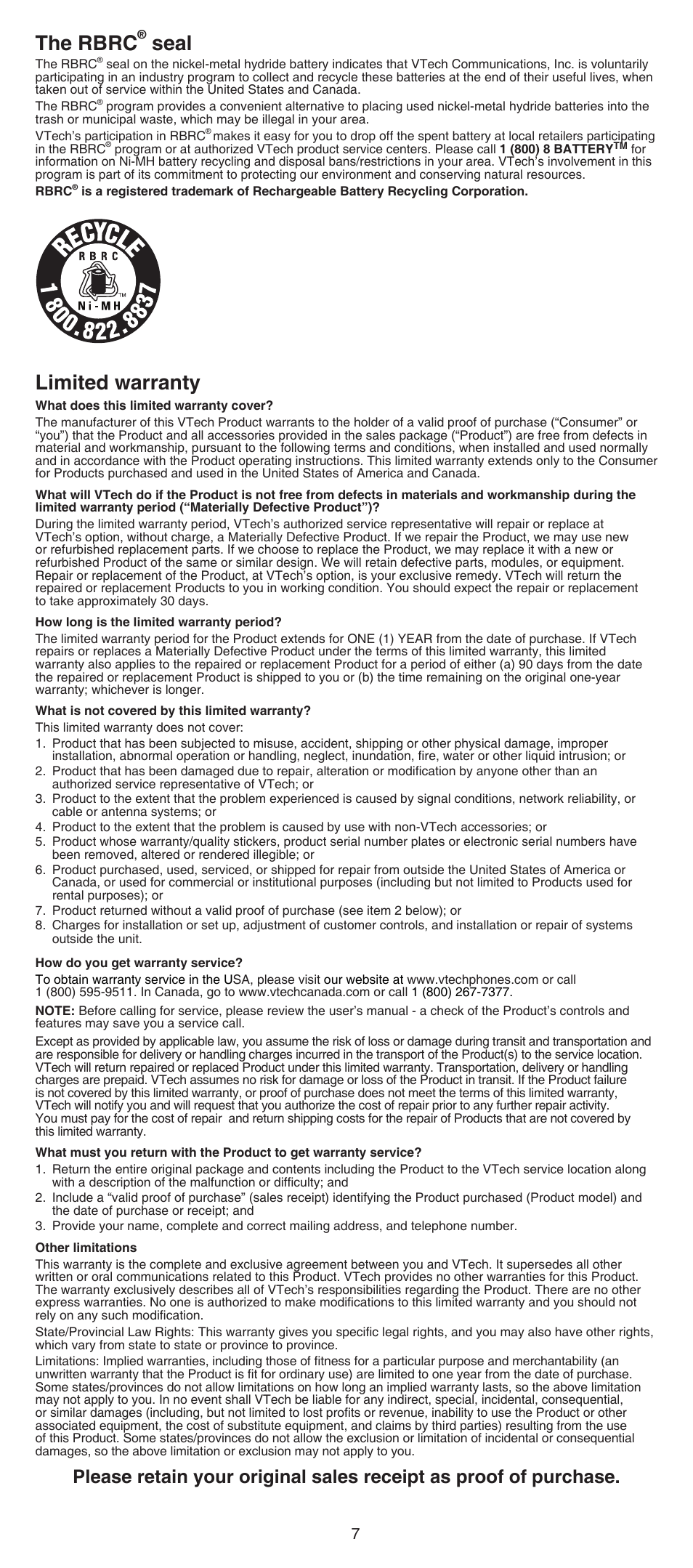 The rbrc, Seal, Limited warranty | VTech CS6609 Manual User Manual | Page 7 / 8