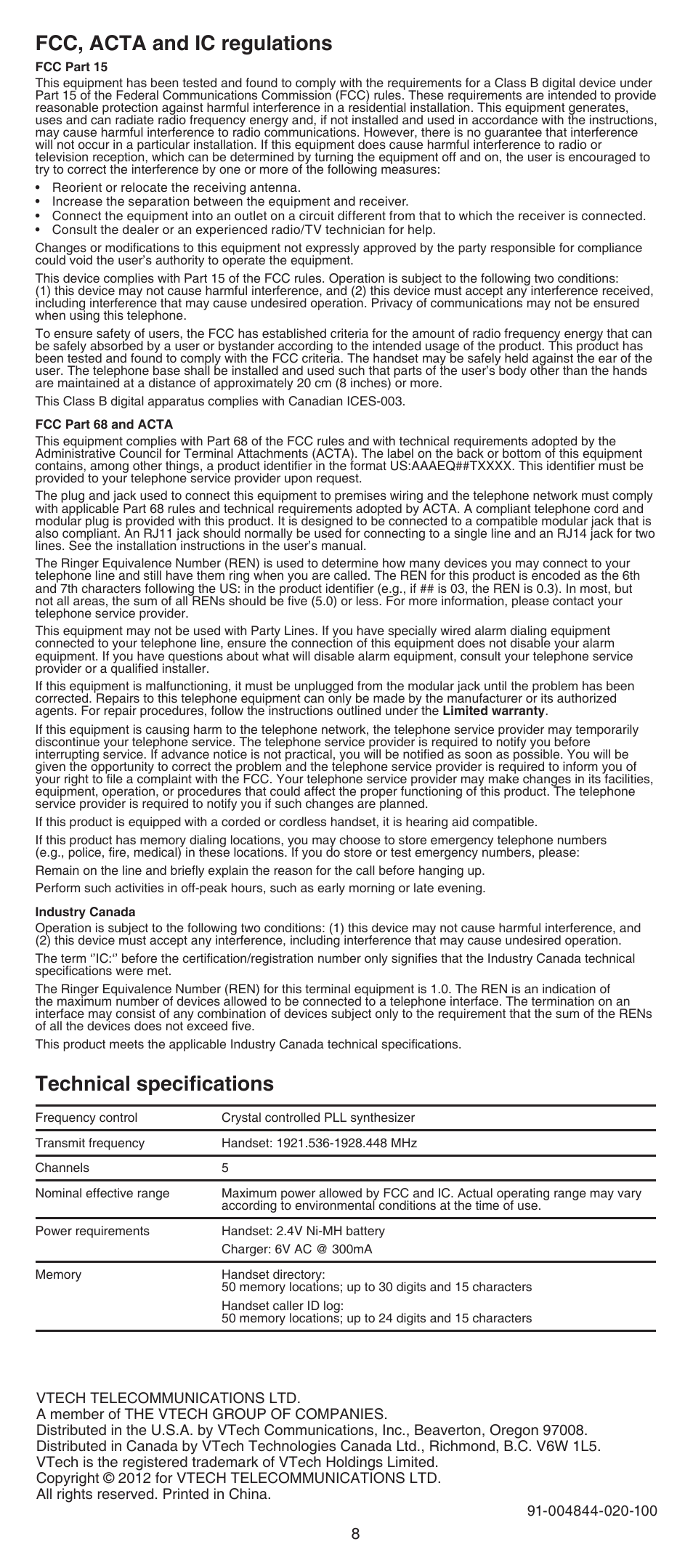 Fcc, acta and ic regulations, Technical specifications | VTech CS6609 Manual User Manual | Page 8 / 8